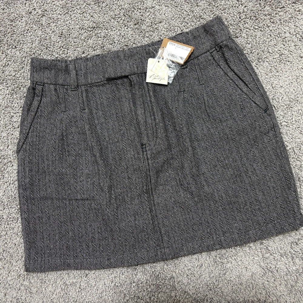 NWT Free People Mini Skirt Pop Preppy Pleated Gray Herringbone Twill Womens Sz 6